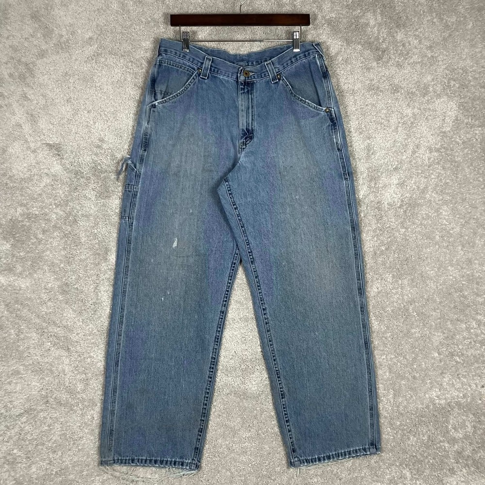 Lee Dungarees Mens Blue Carpenter Jeans Relaxed Fit Workwear Denim Paint